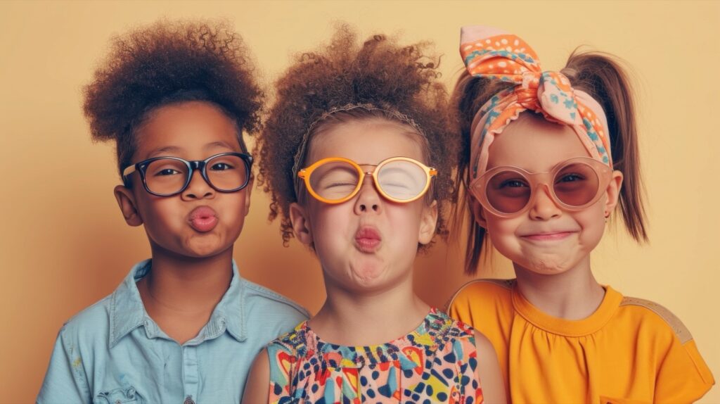 Three children posing playfully with exaggerated facial expressions and wearing colorful oversized glasses set against a warm mustard-yellow background.